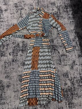 Mango Geometric Print Long-Sleeve Shirt Dress in Orange, Black, White